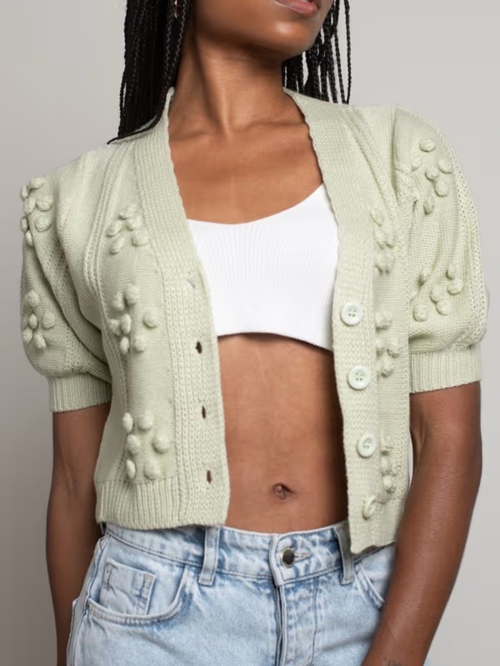 bohme Pale Sage Bobble Knit Short Sleeve Cardigan